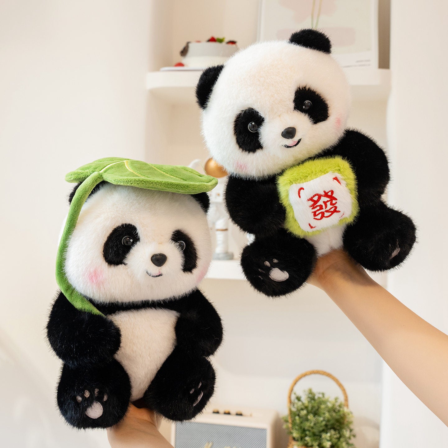 Cute Panda Plush Toy – Soft Stuffed Animal with Leaf Hat or Mahjong Block