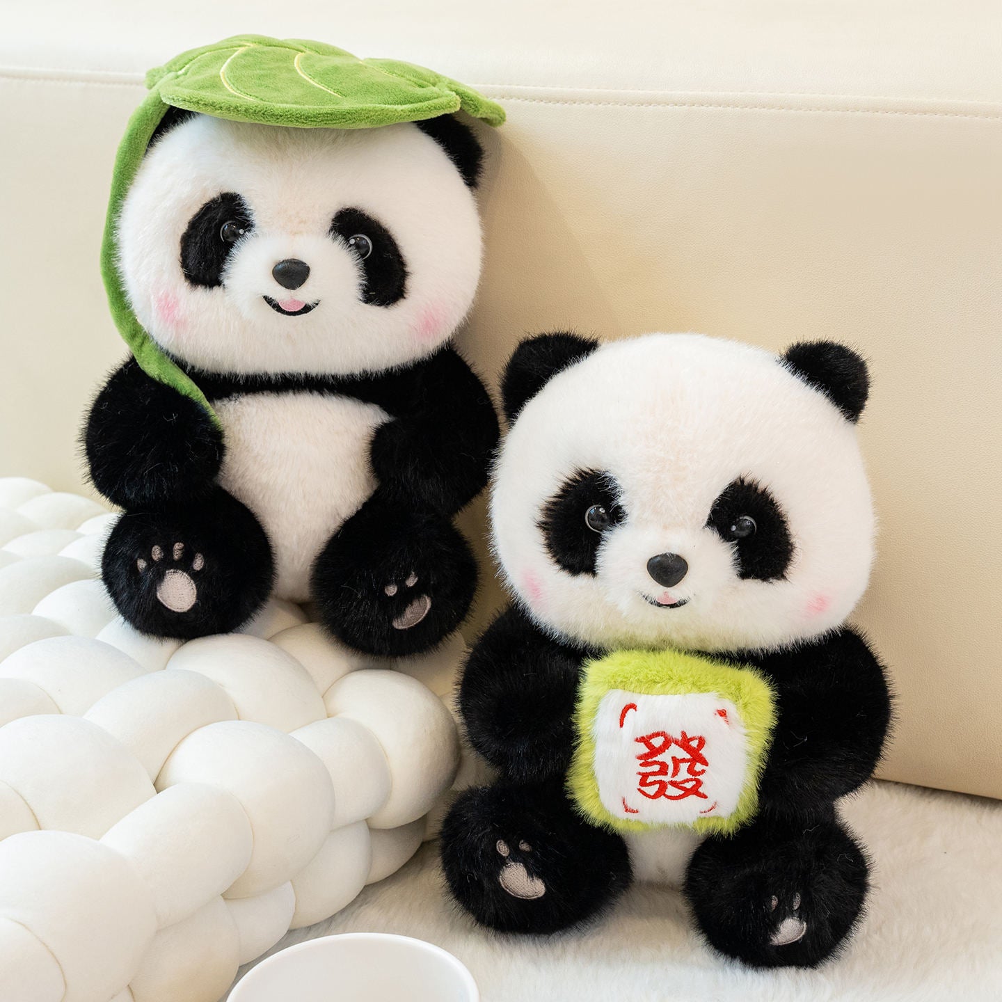 Cute Panda Plush Toy – Soft Stuffed Animal with Leaf Hat or Mahjong Block